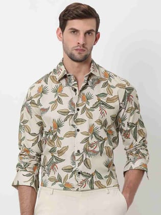 Mufti Beige Digital Print Slim Fit Casual Shirt