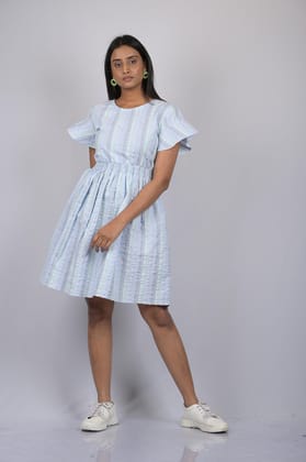 OWO THE LABEL Dress For Women Striped Dress Knee Length Flare Sleeves (OTL-DRS1043)-SKY / S