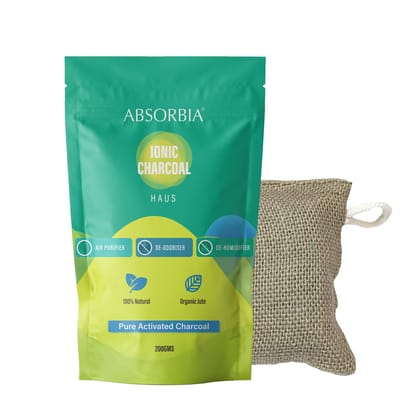 ABSORBIA IONIC HAUS Charcoal Air Purifier with Organic Jute Bag, Natural Deodorizer & Dehumidifier for Car, Rooms, Fridge, Shoes, 200g.-ABSORBIA IONIC HAUS Charcoal Air Purifier, Organic Jute Bag