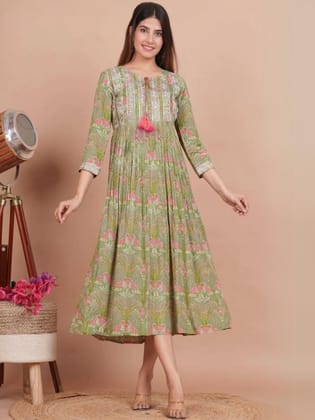 Green Rayon Ankle Length Dress-36