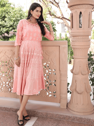 Handcrafted Rayon Anarkali Kurti with Intricate Embroidery-Peach / XL