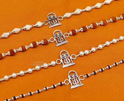 Best Rakhi 925 sterling silver handmade lord Shiva lingam design Rakhi bracelet, with amazing Rudraksha, Tulsi beaded bracelet rk183-6 / Rudraksha bead rakhi