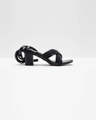 Cross Strapped Embellished Lace-Up Heels - Black-36