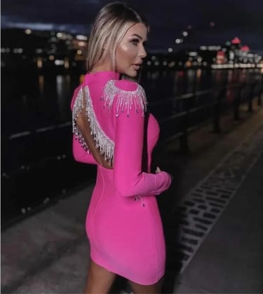 Sophia Embellished Designer Dress-M / Pink
