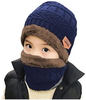 Woolen Cap & Neck Warmer  for Winters with Fur Inner Side Warm Scarf Set Winter woolen Cap For kids - None