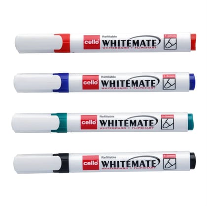 Cello Whitemate Whiteboard Marker Set - Pack of 4 (Multicolour) | Easily erasable and refillable | Set of 4 ink colours - Black, Blue, Red, Green | Ideal for Online Classes, Office and School Sta