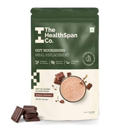 The Healthspan Co. Gut Healthy Meal Replacement Shake for weight loss | Men & Women | Rich in Plant based Protein & Fiber | 425gm | Belgian Chocolate