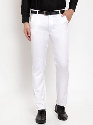 Indian Needle Men's White Tapered Fit Formal Trousers-34 / White