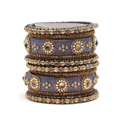 Grey Color Thread Bangle Set: 2.12-Bangles Size: 2.12 / Grey / Alloy With Good Quality Gold Plated