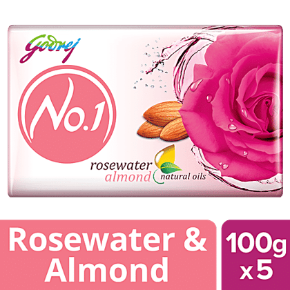 Godrej No.1 Rosewater & Almond Bathing Soap, With Natural Oils, 100 g (Pack of 5)