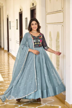 Fantastic Sky Blue Color Sequence Embroidery Work Gown-M