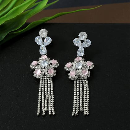 Silver-Toned Studded Floral Drop Earrings-Silver Pink