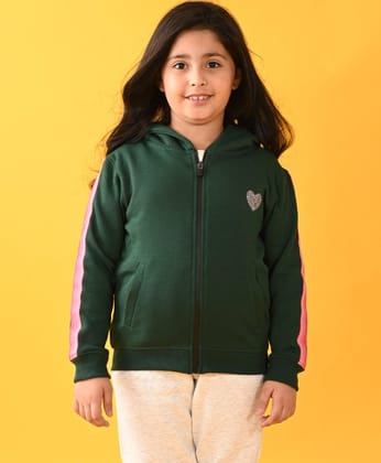OLIVE FLEECE PINK GLITTER TAPE ZIPPER HOODIE D - OLIVE-0-6 MONTHS / 1N / GREEN