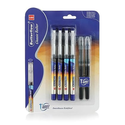 Cello Butterflow Classic Roller Pen Set | Pack of 4 Roller Pens | 2 Blue & 2 Black Ink Colour Pens + 2 Jumbo Refills | Smooth Writing Experience | For Students and Office Use | Best Pen for Exams