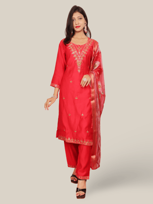 Vatican Silk Embroidered Straight Kurti with Pants and Dupatta-Red / L