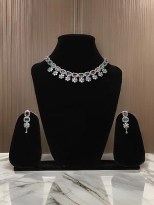 Silver Plated Multi Color AD Necklace Set-Multi Color