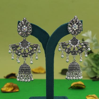 Silver Color Oxidised Earrings (GSE3033SLV)-Length: 8.50 CM x Width: 4.00 CM / Silver / Alloy With Good Quality Silver Plated