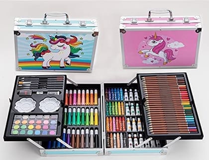 Spot Hunt 145Pcs Professional Art Set- Drawing Painting Sketching Colouring Set- All in 1 Art Set includes Oil Pastels, Colour Pencils & Pens, Water colours & more- Unicorn Design Aluminium Case 