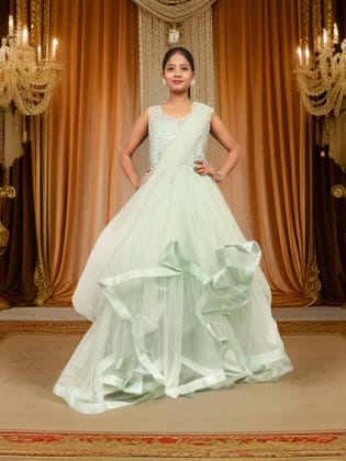 Gown with Stone & Beads Work by Shreekama-Pista Green / Free Size