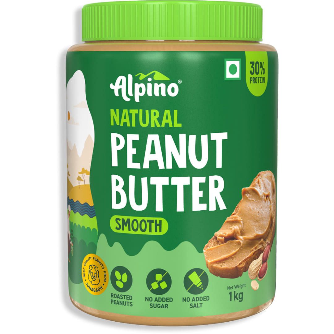 Alpino Natural Peanut Butter Smooth, Unsweetened, 100% Roasted Peanuts, No Sugar/Salt/Oils, High Protein, Creamy, Gluten-Free, Vegan.-Alpino Natural Peanut Butter Smooth 1kg | Single Pack | 30% P