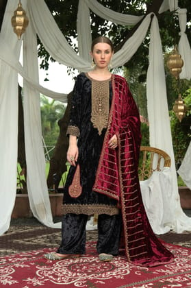 Black Red Designer Velvet Pakistani Suit Set-M-38