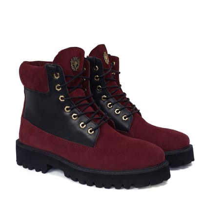 Chunky Boot with Color Combination of Wine & Black Leather-40/6