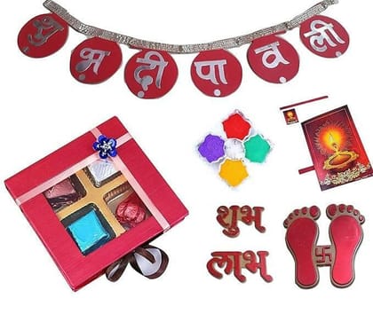 MANTOUSS Diwali gift combo chocolate+shubh deepawali toran+paduka+shubh labh+rangoli colour+greeting card