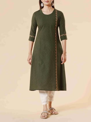 Bottle green cotton dobby kurti with embroidery