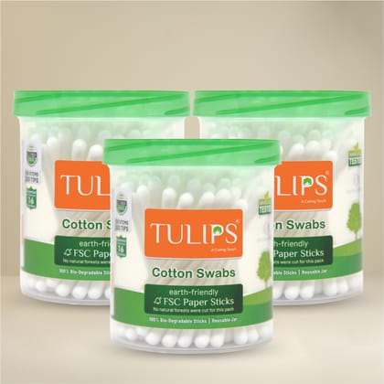 Tulips Eco Friendly Cotton Buds Swabs (100 Sticks in a Jar) (Pack of 3)