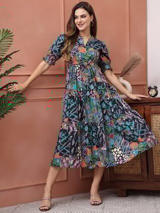 Navy Colour Floral Cotton Ethnic Dress-S