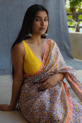 Sharmila : Cream and Yellow Sanganeri Print Saree