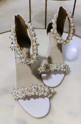 Pearl Embellished White Block Heels-35