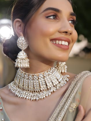 Priyaasi White Kundan Fresh Water Pearls Floral Chocker necklace with Floral Jhumkis earrings Jewellery Set-Priyaasi White Kundan Fresh Water Pearls Floral Chocker necklace with Floral Jhumkis ea