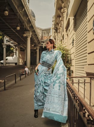 Teal Organza Chikankari Saree