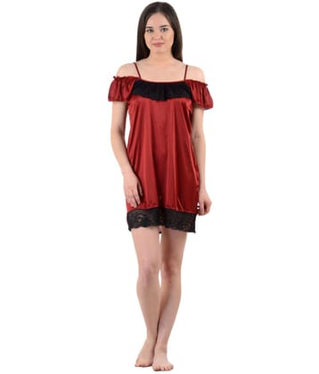 American-Elm Women's Red and Black Stylish Satin Nighty-FreeSize (S-XL)