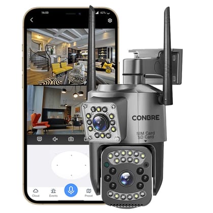 Conbre Double 4G 3+3MP Dual Lens Full HD SIM Based Outdoor Wireless CCTV Camera | Colored Night Vision | Support Upto 128gb sd-Vertical & PTZ