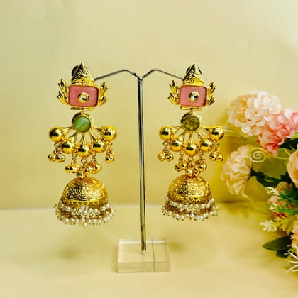 Golden Pink White Jhumka-Pink