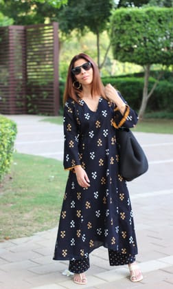 Black & Mustard High Low A line Kurta & Pallazo-XS