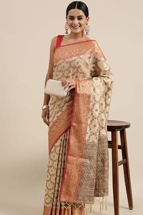 Beige Chanderi Cotton Silk Saree-Beige