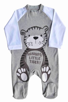 Grey Romper/Sleeper with White Full sleeves Feet with Tiger Print