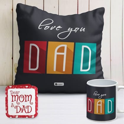 Indigifts Dad Birthday Gifts Love You Dad Printed Black Cushion Cover 12"x12" with Filler & Coffee Mug - Anniversary Gift For Dad | Fathers Day Gifts | Dad Anniversary Gift | Daddy Gift