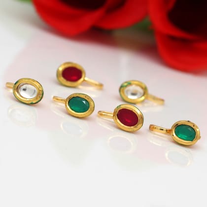 Multi Color Kundan Nose Pin Combo Of 6 Pieces (NSP181CMB)-Length: 1.80 CM x Width: 0.50 CM / Gold / Alloy With Good Quality Gold Plated