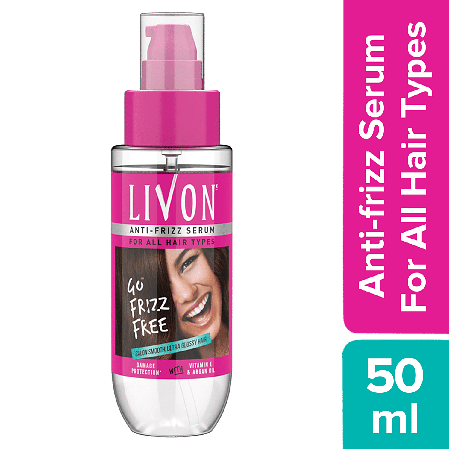 Livon Serum Anti-Frizz Serum - For All Hair Types, Damage Protection, With Vitamin E & Argan Oil, 50 Ml