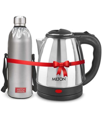 Milton Combo Set Go Electro 2 Ltrs Electric Kettle and Duo DLX 1.5 Ltrs- Silver Thermosteel Hot or Cold Stainless Steel Water Bottle