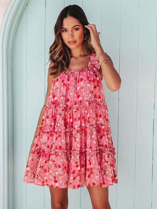 Floral Print Ruffle Cami Dress-S / PINK