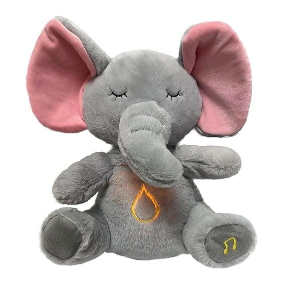 Ji and Ja Relief Teddy Breathing Stuffed Animal Baby Sound Machine Soother Bunny Anxiety Relief Baby Breathing with Sensory Music Lights Rhythmic Breathing Motion (Elephant)