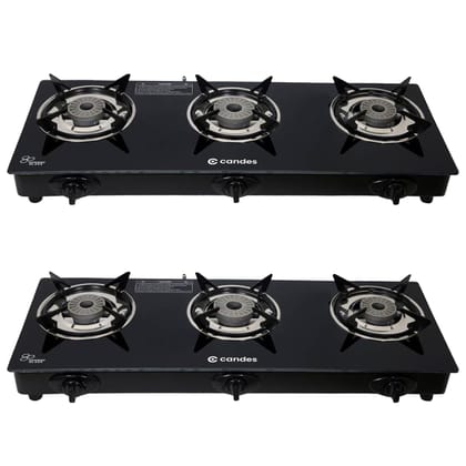 Candes Glass Gas Stove, 3 Burners, Die Cast Alloy, 6mm Toughened Glass, Nylon Knob, LPG, ISI Certified, 1 Yr Warranty, Black, Pack of 2.-Candes Glass Gas Stove 3 Burners | Pack Of 2 | Tornado Bur