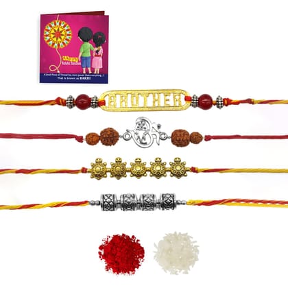 Yellow Chimes Rakhi Combo: 4 Traditional Gold & Silver Plated Rakhis with Roli Chawal & Greeting Card-Yellow Chimes Rakhi Set: 4 Traditional Gold & Silver Plated Rakhis with Roli, Chawal & Greeti