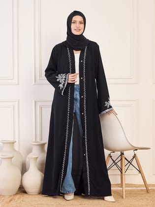 Nabia Black Solid Hand Work Detailing Front Open Luxury Abaya Burqa For Women With Black Hijab-XS / 56