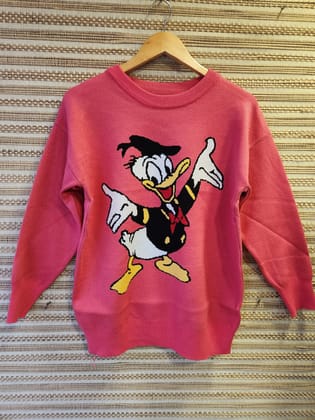 Cartoon Print Oversized Long Sweater - Winter-ONE SIZE / PINK